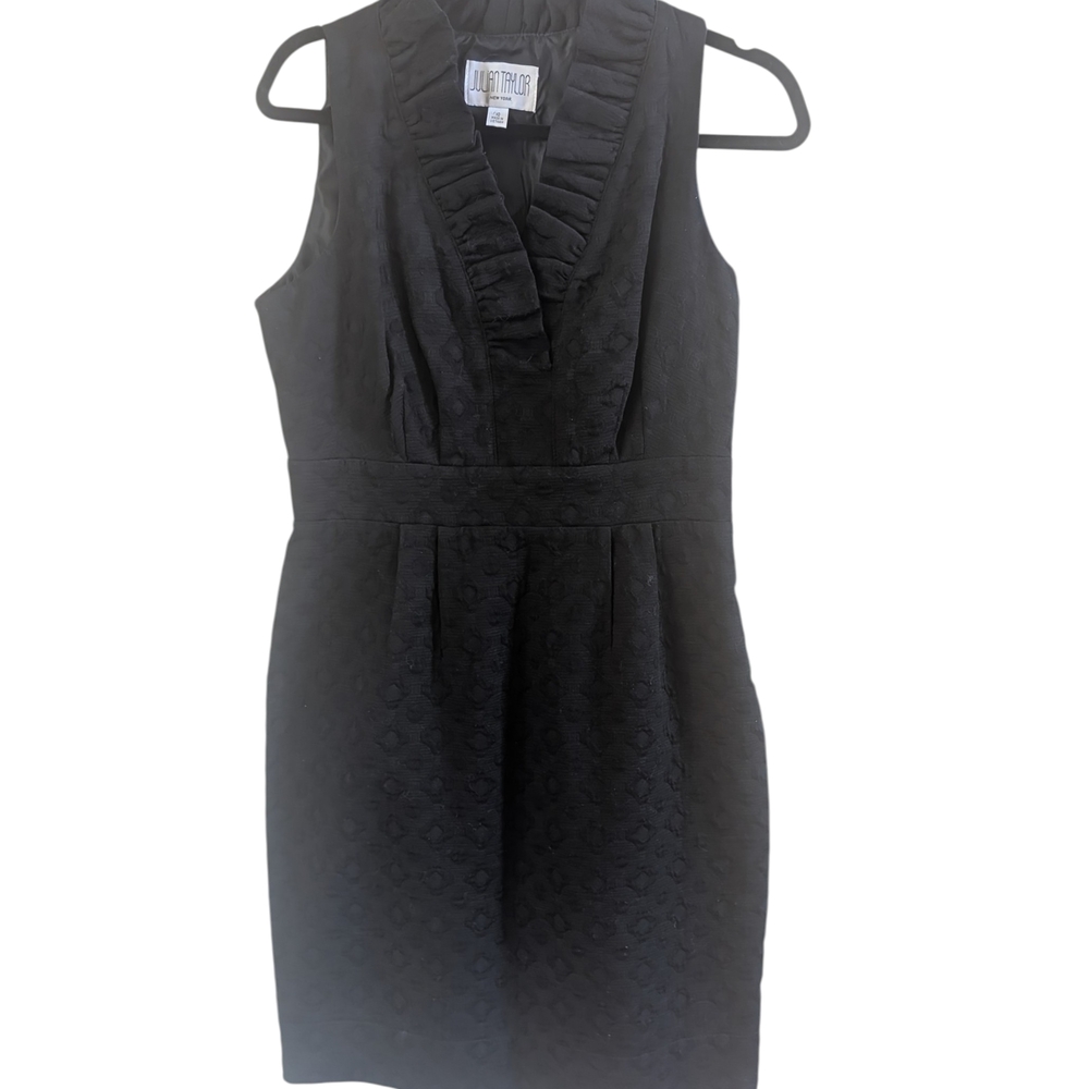 Julian Taylor NY Black Ruffle V-Neck Sleeveless Jacquard Sheath Dress